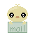 Pixelated yellow chick with large black eyes and a small orange beak holds a light green sign reading 'mail' against a gray background.