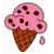 Pixelated ice cream cone with pink chocolate chip topping on a white background, next to bright magenta with 'I ❤️ ICE CREAM' text