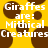 Yellow background with brown spots and white text reading "Giraffes are: Mythical Creatures" in pixelated font.