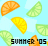 Pixelated fruit slices float against a light blue background with white cloud shapes, text reading 'SUMMER '05' appears at the bottom.