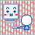 Pixel art animation of a computer monitor with changing facial expressions and exclamation marks appearing near a blue character against red-and-white striped background.