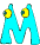 Two cyan 'M' shapes with yellow eyes, one static and one animated to show a different eye expression.