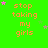 Green background with repeated orange text 'stop taking my girls' and scattered pink and gray stars.