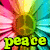 Pixelated image with vibrant rainbow gradient background and bold yellow text reading 'peace' at the bottom.