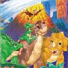 A pixelated static image shows a woman with long orange hair holding a small green dragon and a golden lion-like creature against a colorful background.