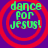 Four identical circular icons with red concentric rings on purple background, each displaying green text "dance for Jesus!" in pixelated font.
