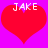 Two identical red heart shapes on a bright pink background with the text "JAKE" in white pixelated letters above each heart.