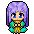 Pixel art character with long purple hair and blue eyes in a teal and gold outfit, shown across multiple expressions.
