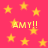 Yellow stars scattered on a pink background with four instances of 'AMY!!' text in yellow, all elements static.