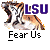 Animated contact sheet showing two frames of a buddy icon featuring an LSU tiger mascot with text elements, displayed on a gray background.