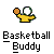 Pixelated yellow figure with white head holds orange basketball in various poses