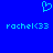 Blue background with light blue pixelated heart symbol above two identical text strings reading 'rachel<33' in lowercase.