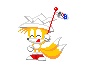 Pixelated character with yellow hair, white crown, red shoes, and orange tail holding a flagpole with blue-and-white checkered flag.