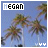 Pixelated image of palm trees against a blue sky with 'MEGAN' text in top-left and three white heart icons at bottom-right.
