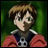 Pixelated anime-style character with brown hair and green eyes, wearing a red jacket over a dark shirt with a white collar, holding a black-and-white soccer ball against a green background.