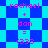 Pixelated text and symbols on a blue-and-cyan checkered background with diamond-shaped patterns.