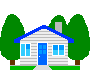 Pixelated house with blue roof and door, surrounded by green trees on gray background, displayed in six repeated positions