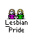 A 3x3 contact sheet of pixel art animated frames showing two women holding hands with changing speech bubbles above them, all labeled "Lesbian Pride" below the figures.