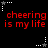 Red text reading 'cheering is my life' on black background with white and gray star icons in corners.