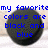 Blue pixelated text reads 'my favorite colors are black and blue' over a dark gray circular shape on a light background.