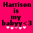 Pixelated text on bright pink background reads 'Harrison is my babyy<3' with four white plus signs below, two of which are pink in one version.