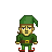 Pixelated character in green elf attire with brown belt and red shoes, standing against solid gray background.
