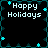 Pixelated 'Happy Holidays' text in white on black background with cyan star and diamond border elements.