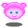 Pixelated pink character with rounded ears, blue eyes, and a smiling mouth in two states: open-eyed and winking while making a peace sign.