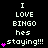 Pixelated text reads "I LOVE BINGO hes staying!!!" with pink hearts, displayed in a of showing heart count changes