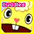 Yellow cartoon character with large black eyes, pink heart nose, and white teeth smiling under 'Cuddles' text in pixelated font.