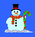 Pixelated snowman with black top hat, red-green striped scarf, and candy cane prop against blue background.