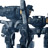 Pixelated figure in dark blue attire with yellow accents, arms extended horizontally against white background.