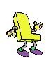 Yellow L-shaped character with purple feet and green ankle bands, performing a walking animation