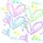 Pixelated heart shapes in pastel colors with yellow accents, blue text fragments on white background.