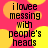 Pixelated text reads 'ilovee messing with people's heads' over a pink background with yellow and orange circular shapes.