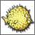 Pixelated yellow pufferfish with dark gray spines, white eye, and small fin, set against a white background.