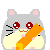 Pixelated gray cat with pink inner ears and orange nose, holding a yellow object against light background.