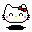 Pixel art of a white cat face with pink cheeks, yellow nose, red bow, and black outline on gray background.