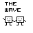 Two pixelated square figures holding hands under 'THE WAVE' text, with one figure's arm changing from straight to wavy and a small multicolored flower icon appearing next to the text.