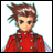 Pixelated character with brown hair and red clothing against white background, next to black with white text