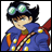 Pixelated character with black hair and green goggles wears blue coat with yellow buttons, red sash, and brown strap across chest against white background.