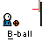 Pixelated character in blue shirt holds orange ball, positioned near vertical pole with red horizontal line; text "B-ball" below.