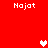 Red background with four white "Najat" text blocks and three pixelated hearts in white and pink.