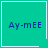 Four teal squares with white borders display "Ay-mEE" text; top-right has a heart, bottom-right has a star.