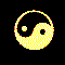 Three yellow and black pixelated yin-yang symbols with red accents appear in a , each showing distinct internal patterns across frames