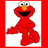 Pixelated red character with yellow nose, black eyes and mouth, white eyebrows, standing against white background bordered by solid red frame.