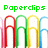 Green pixelated text 'Paperclips' above four colored paperclip shapes in red, green, yellow, and blue on white background.