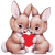 Two brown rabbits with white-tipped ears and paws hold a red heart, their eyes shifting between open and closed states across frames.