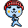 A 4-frame pixel art contact sheet showing a blue cartoon character with red knit hat in various poses and expressions against gray background.