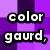 Pixelated text and patterns in purple, cyan, and pink with 'color gaurd,' 'if u cant handle it,' and 'join the band!' on a of four sections